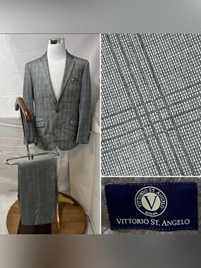 Vittorio St. Angelo Men's 42R Blazer 36x32 Pants Gray Plaid Suit